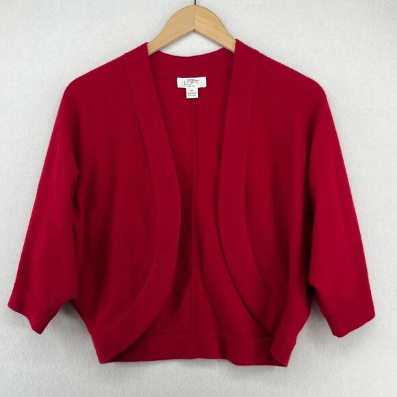 ANN TAYLOR Sweater PM Petite LOFT Cashmere Bolero Shrug Cardigan 3/4 Sleeve Red - Picture 1 of 16